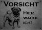 Preview: Edelstahl Warnschild Mops VORSICHT Hier wache ich!